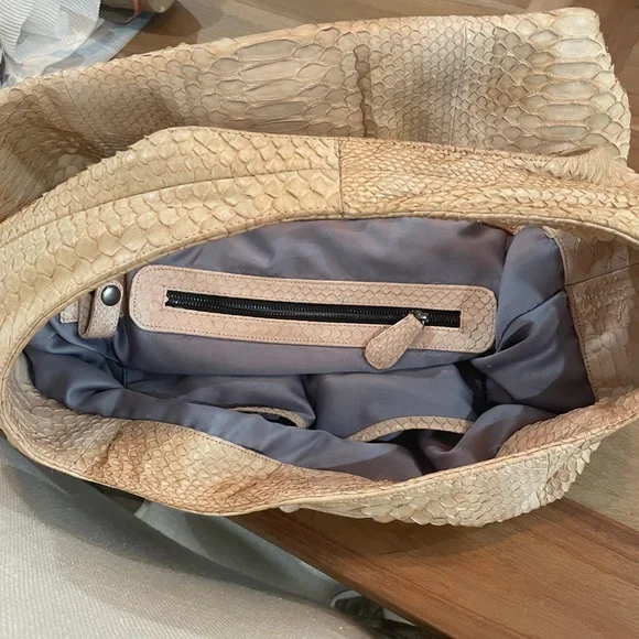 Tan Hobo Bag with Snakeskin Texture and Slouchy Silhouette - Picture 3 of 7